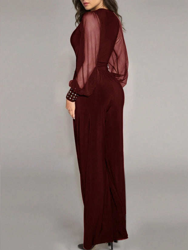 Women's Elegant Deep V-Neck Long Sleeve Mesh Patchwork Jumpsuit