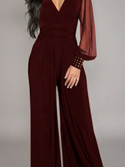 Women's Elegant Deep V-Neck Long Sleeve Mesh Patchwork Jumpsuit