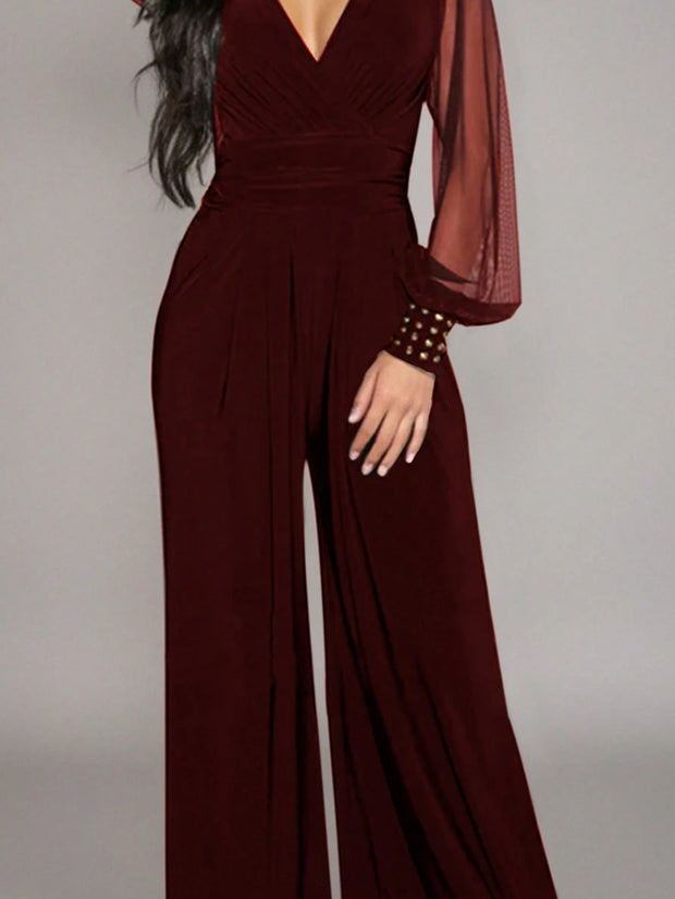 Women's Elegant Deep V-Neck Long Sleeve Mesh Patchwork Jumpsuit