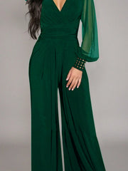 Women's Elegant Deep V-Neck Long Sleeve Mesh Patchwork Jumpsuit