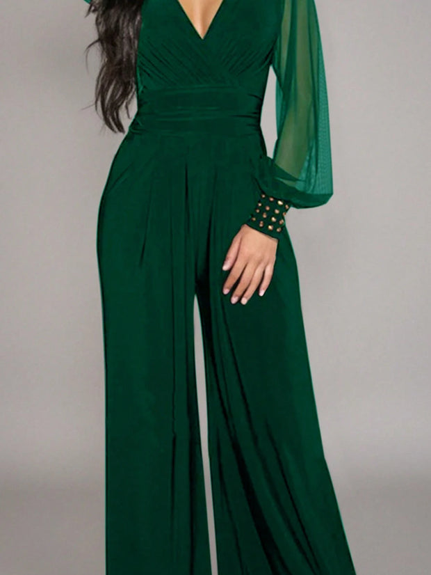 Women's Elegant Deep V-Neck Long Sleeve Mesh Patchwork Jumpsuit