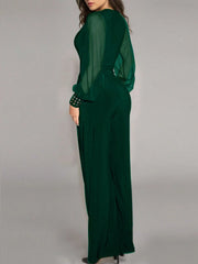 Women's Elegant Deep V-Neck Long Sleeve Mesh Patchwork Jumpsuit