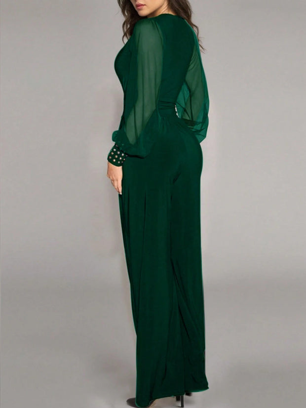 Women's Elegant Deep V-Neck Long Sleeve Mesh Patchwork Jumpsuit