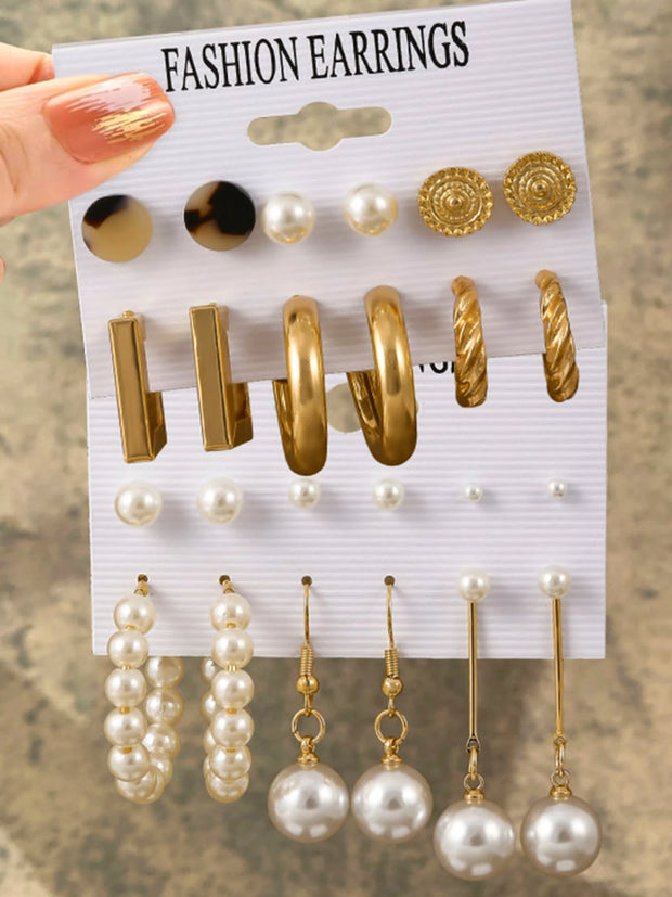 24-12pcs Women Faux Pearl Earrings Set, Elegant Style