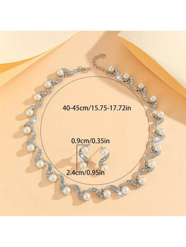 New Fashion Elegant Pearl Bridal Jewelry Sets Silver Color Crystal Alloy Earrings & Necklace Sets