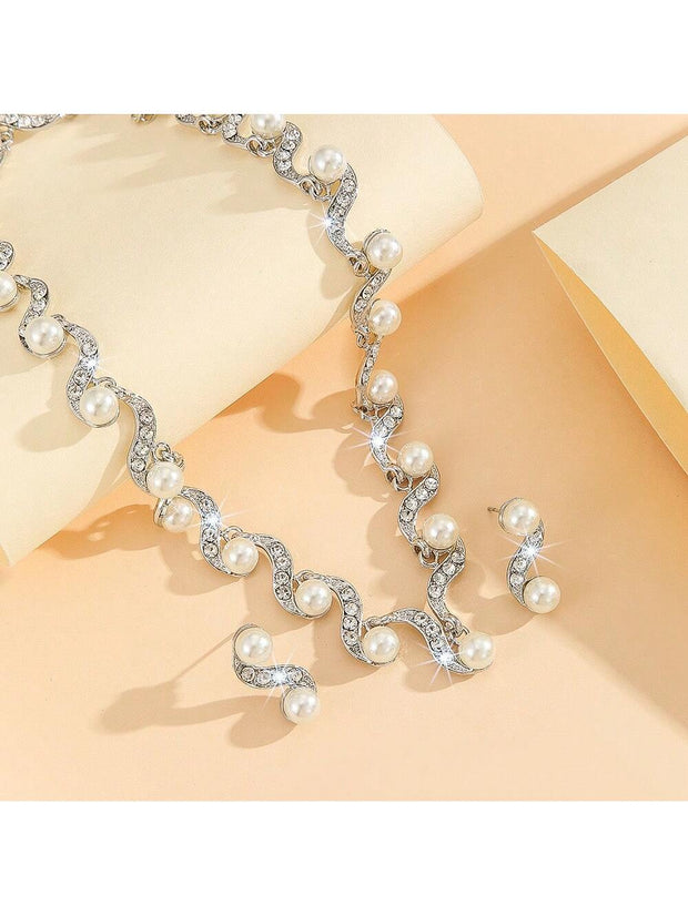 New Fashion Elegant Pearl Bridal Jewelry Sets Silver Color Crystal Alloy Earrings & Necklace Sets