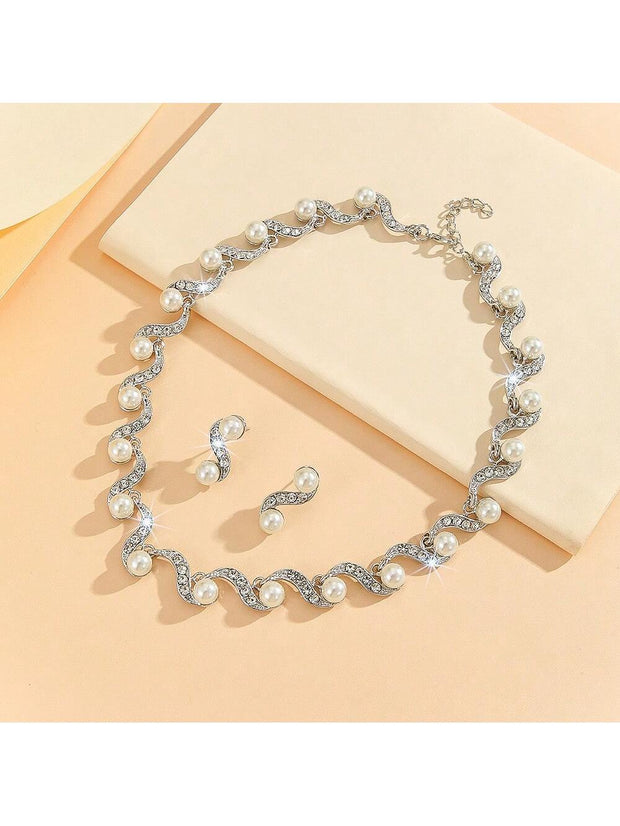 New Fashion Elegant Pearl Bridal Jewelry Sets Silver Color Crystal Alloy Earrings & Necklace Sets