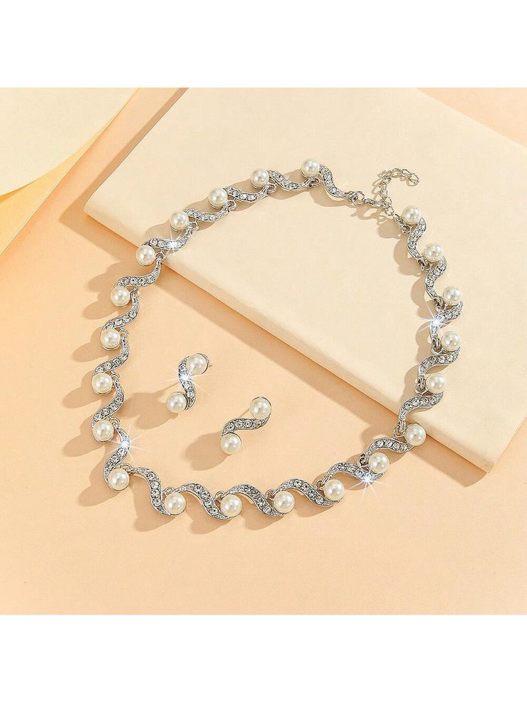 New Fashion Elegant Pearl Bridal Jewelry Sets Silver Color Crystal Alloy Earrings & Necklace Sets