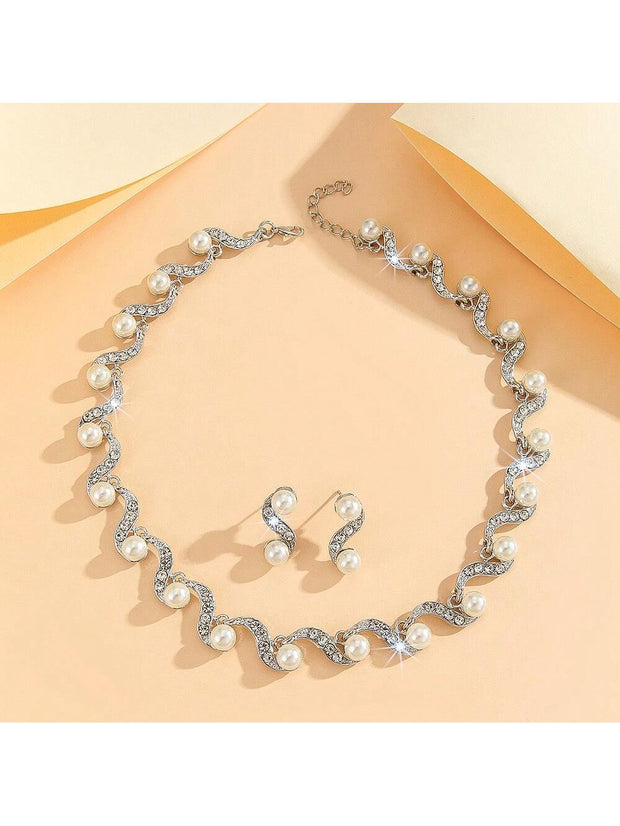 New Fashion Elegant Pearl Bridal Jewelry Sets Silver Color Crystal Alloy Earrings & Necklace Sets