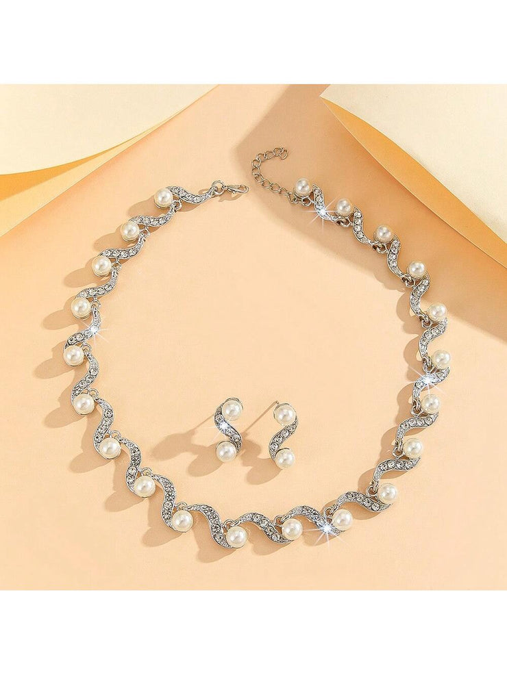 New Fashion Elegant Pearl Bridal Jewelry Sets Silver Color Crystal Alloy Earrings & Necklace Sets