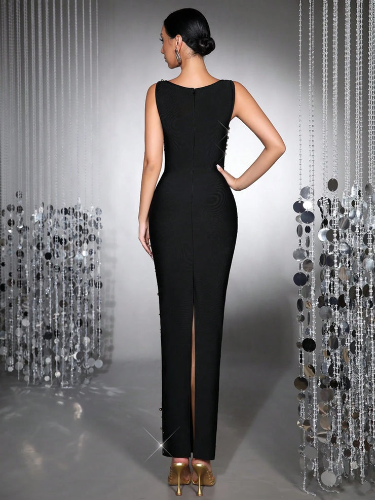 New Black Heavy Industry Luxury Hot Diamond Handmade Nail Bead Sexy Sleeveless Square Neck Slimming  Party Long Dress