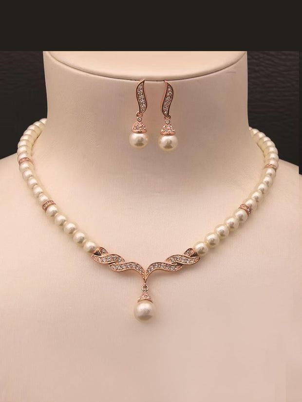 Handmade Beaded Glass Pearl With Rhinestones Necklace Earring Set