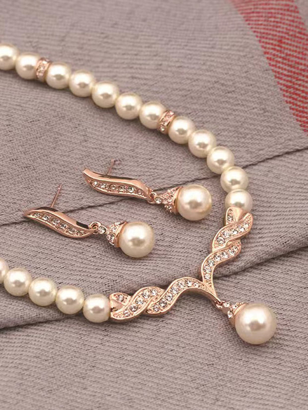 Handmade Beaded Glass Pearl With Rhinestones Necklace Earring Set