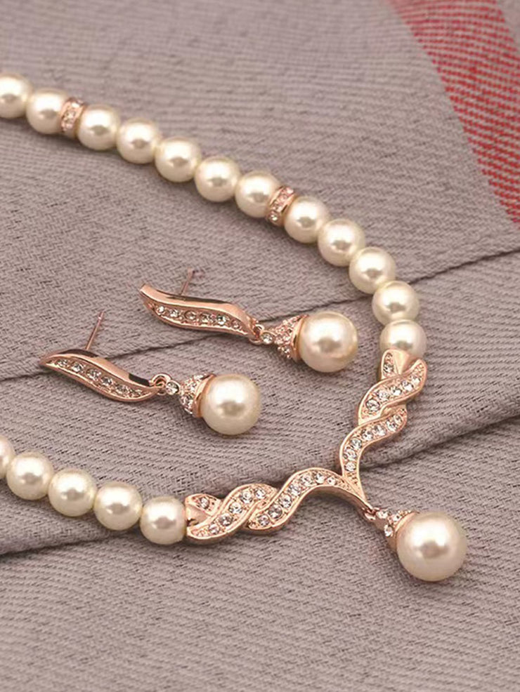 Handmade Beaded Glass Pearl With Rhinestones Necklace Earring Set