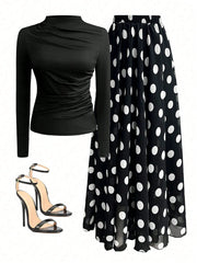 Women Autumn Solid Crew Neck Pleated Fitted Long Sleeve T-Shirt + Leopard Print Skirt