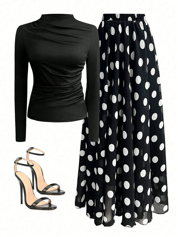 Women Autumn Solid Crew Neck Pleated Fitted Long Sleeve T-Shirt + Leopard Print Skirt