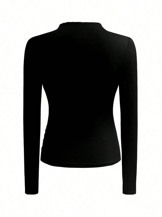 Women Autumn Solid Crew Neck Pleated Fitted Long Sleeve T-Shirt + Leopard Print Skirt