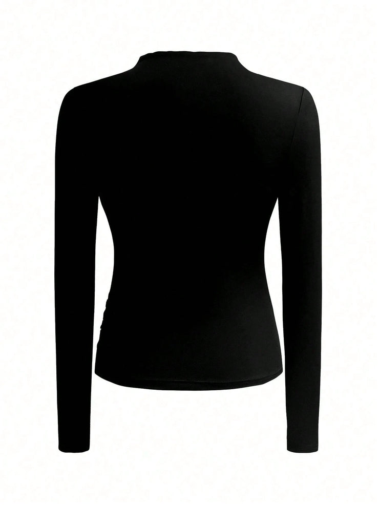 Women Autumn Solid Crew Neck Pleated Fitted Long Sleeve T-Shirt + Leopard Print Skirt