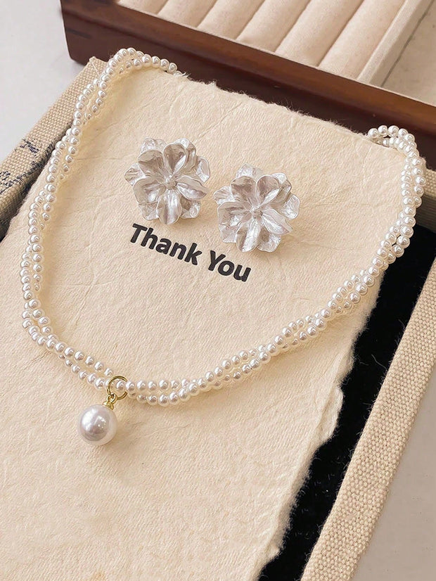 1 Set Elegant Faux Pearl 2pcs Earrings And Necklace Jewelry Set