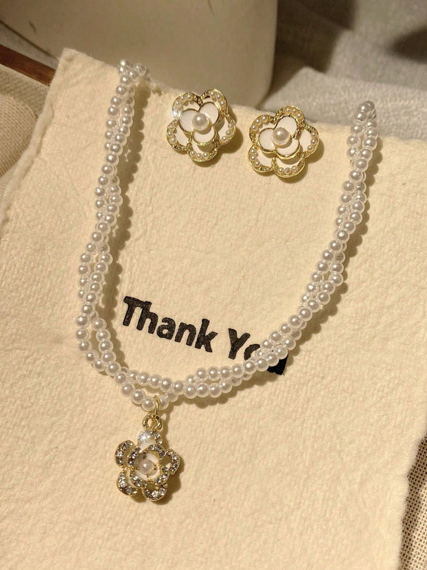 1 Set Elegant Faux Pearl 2pcs Earrings And Necklace Jewelry Set