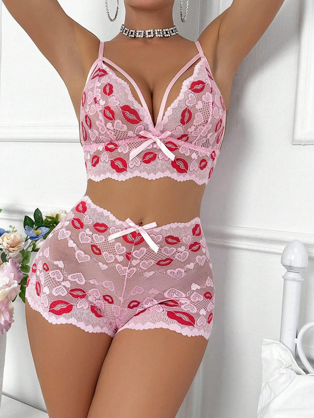 2 Pieces Lip Lace Sexy Set For Valentine's Day Lingerie
