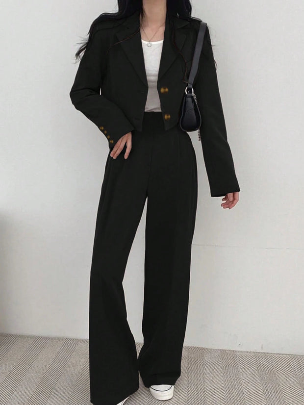 Women's Lightweight Fashion Casual Commute Solid Color Cropped Long Sleeve Blazer And Pants 2 Pieces Set