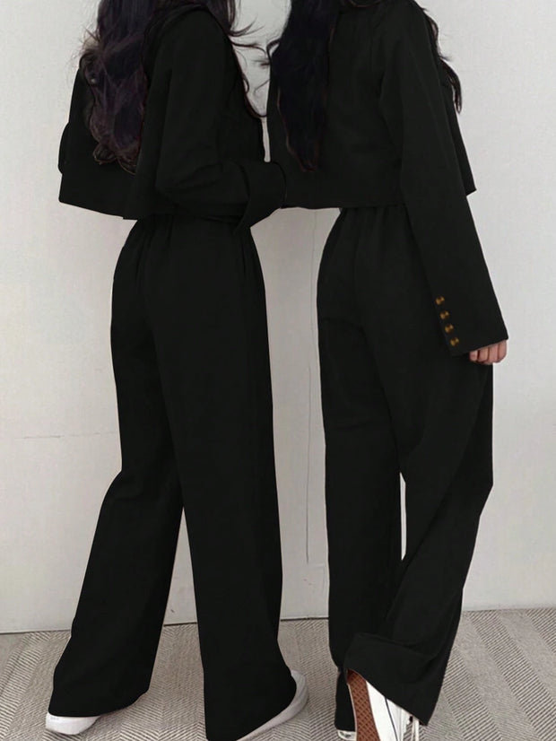 Women's Lightweight Fashion Casual Commute Solid Color Cropped Long Sleeve Blazer And Pants 2 Pieces Set