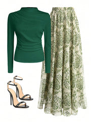 Women Autumn Solid Crew Neck Pleated Fitted Long Sleeve T-Shirt + Leopard Print Skirt