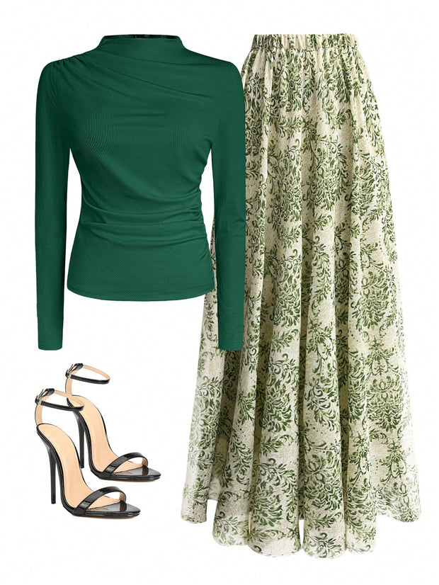 Women Autumn Solid Crew Neck Pleated Fitted Long Sleeve T-Shirt + Leopard Print Skirt