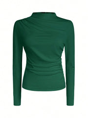 Women Autumn Solid Crew Neck Pleated Fitted Long Sleeve T-Shirt + Leopard Print Skirt
