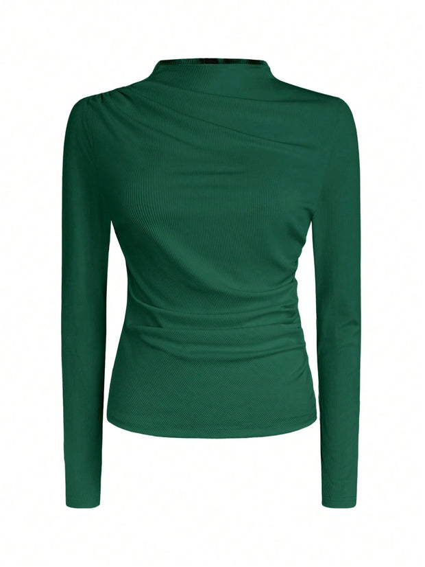 Women Autumn Solid Crew Neck Pleated Fitted Long Sleeve T-Shirt + Leopard Print Skirt