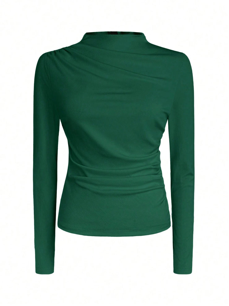 Women Autumn Solid Crew Neck Pleated Fitted Long Sleeve T-Shirt + Leopard Print Skirt