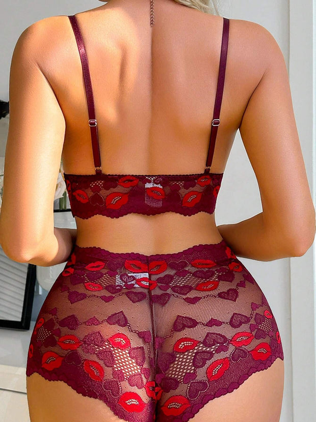 2 Pieces Lip Lace Sexy Set For Valentine's Day Lingerie