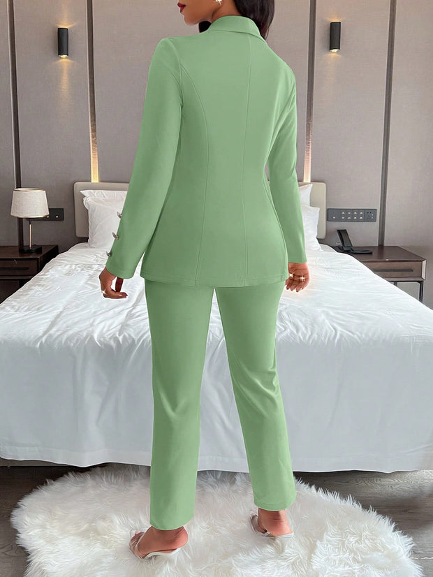 Women's Solid Color Simple Daily Long Sleeve Long Pants Suit, 2pcs/Set