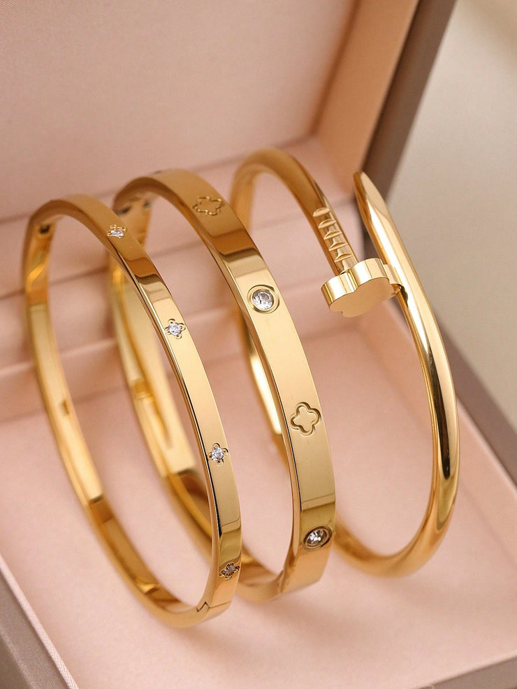 3pcs Fashion 18K Gold Plated Stainless Steel Four-Leaf Clover Nail Bracelet