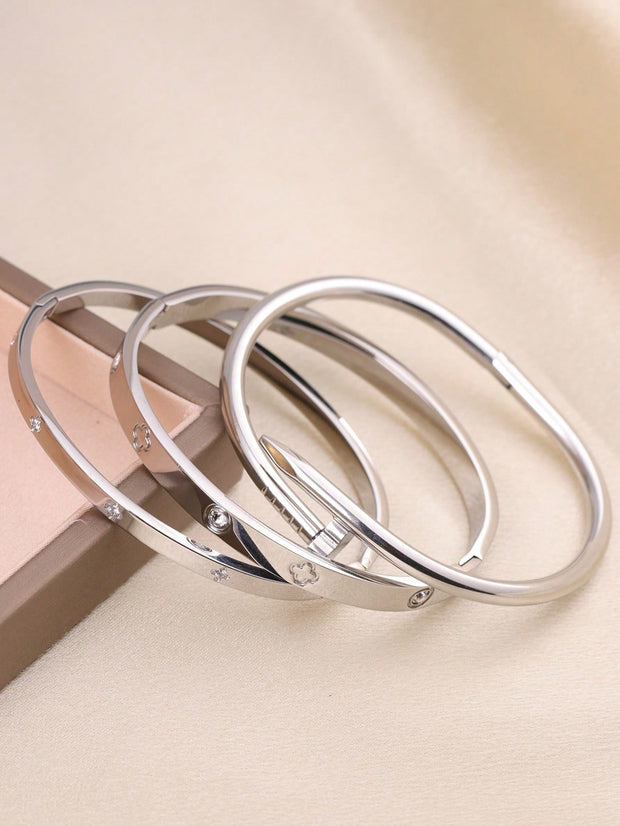 3pcs Fashion 18K Gold Plated Stainless Steel Four-Leaf Clover Nail Bracelet