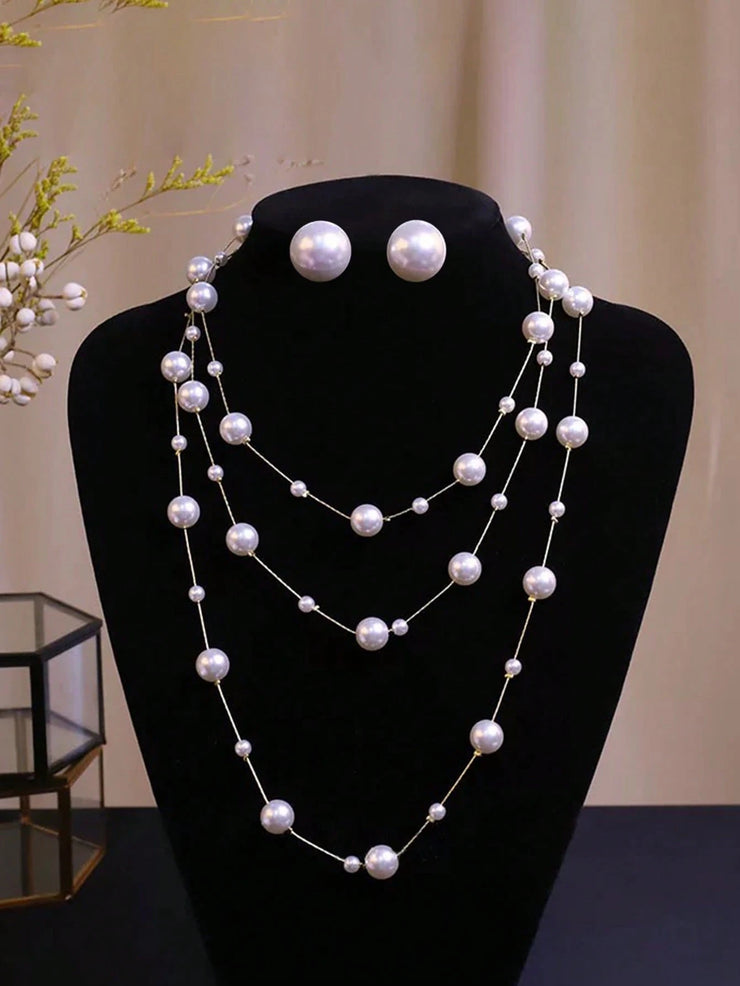 3pcs/Set Luxury Exaggerated Letter & Large Pearl Necklace & Earrings Jewelry Set