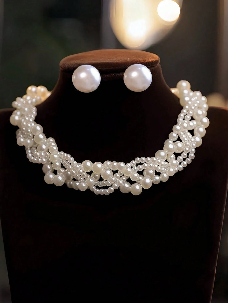 3pcs/Set Luxury Exaggerated Letter & Large Pearl Necklace & Earrings Jewelry Set