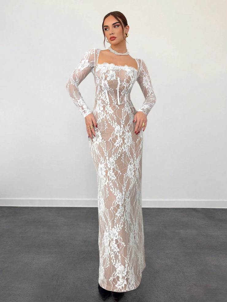 Aloruh Women's New Sexy Corset Collar Slim Fitted Floor Length  Dress