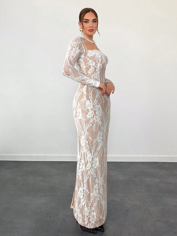 Aloruh Women's New Sexy Corset Collar Slim Fitted Floor Length  Dress