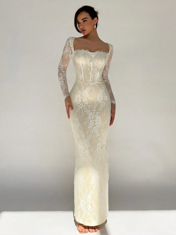 Aloruh Women's New Sexy Corset Collar Slim Fitted Floor Length  Dress