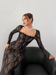 Aloruh Women's New Sexy Corset Collar Slim Fitted Floor Length  Dress