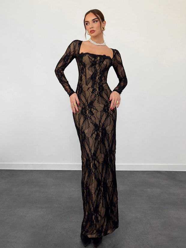Aloruh Women's New Sexy Corset Collar Slim Fitted Floor Length  Dress