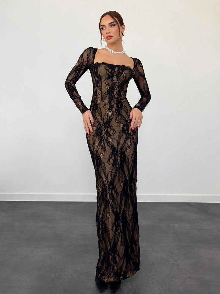 Aloruh Women's New Sexy Corset Collar Slim Fitted Floor Length  Dress