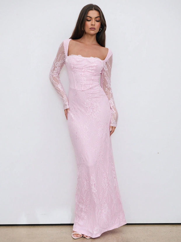 Aloruh Women's New Sexy Corset Collar Slim Fitted Floor Length  Dress