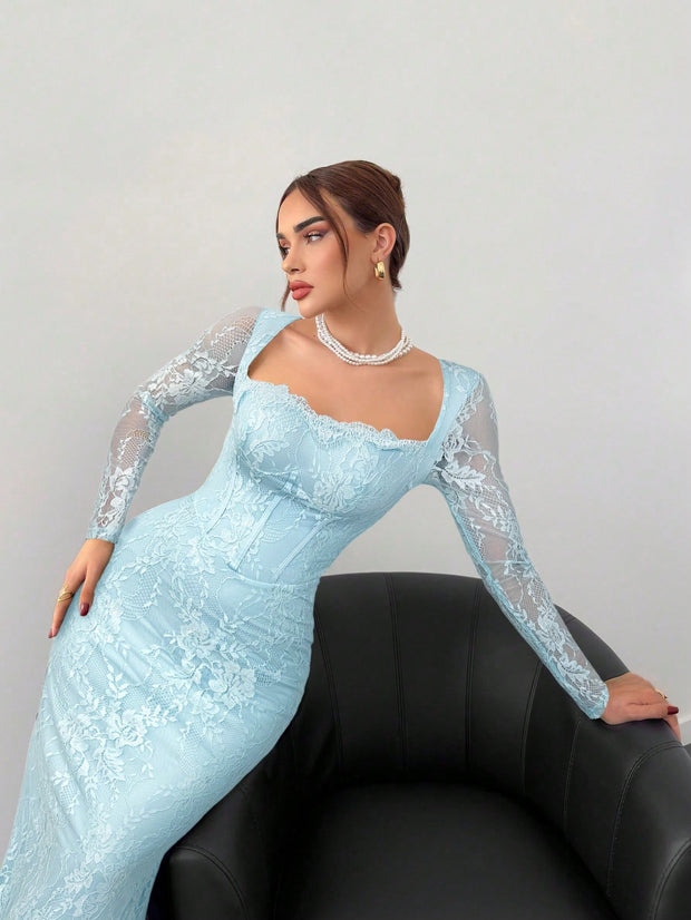Aloruh Women's New Sexy Corset Collar Slim Fitted Floor Length  Dress