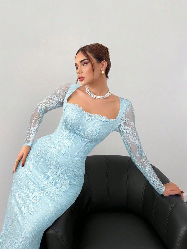 Aloruh Women's New Sexy Corset Collar Slim Fitted Floor Length  Dress