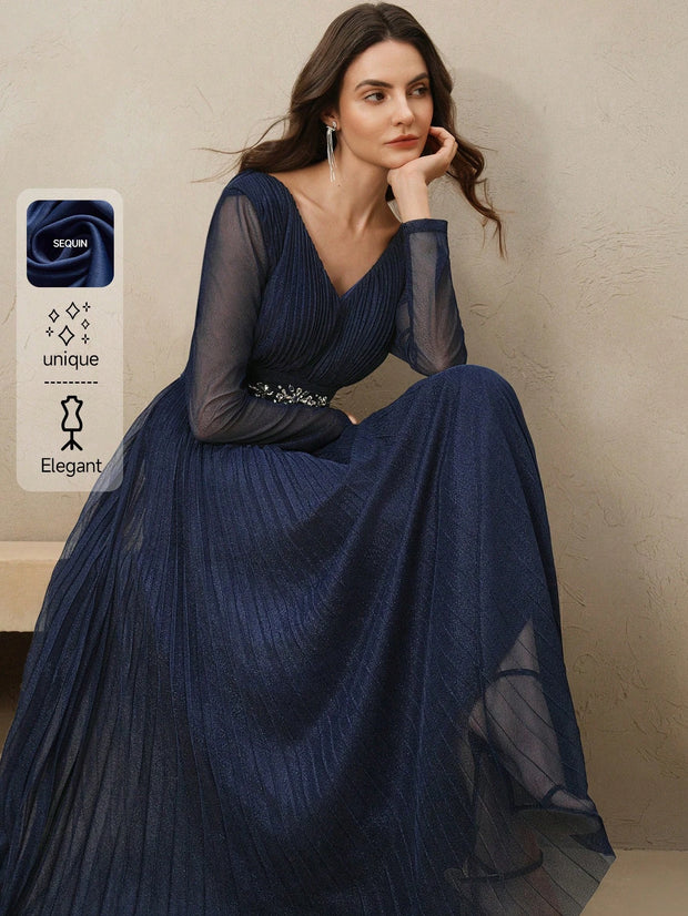 Anewsta Women's Blue V-Neck Waisted Pleated Elegant Backless Glittering Pearl Studded Long Dress
