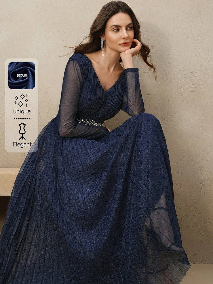 Anewsta Women's Blue V-Neck Waisted Pleated Elegant Backless Glittering Pearl Studded Long Dress