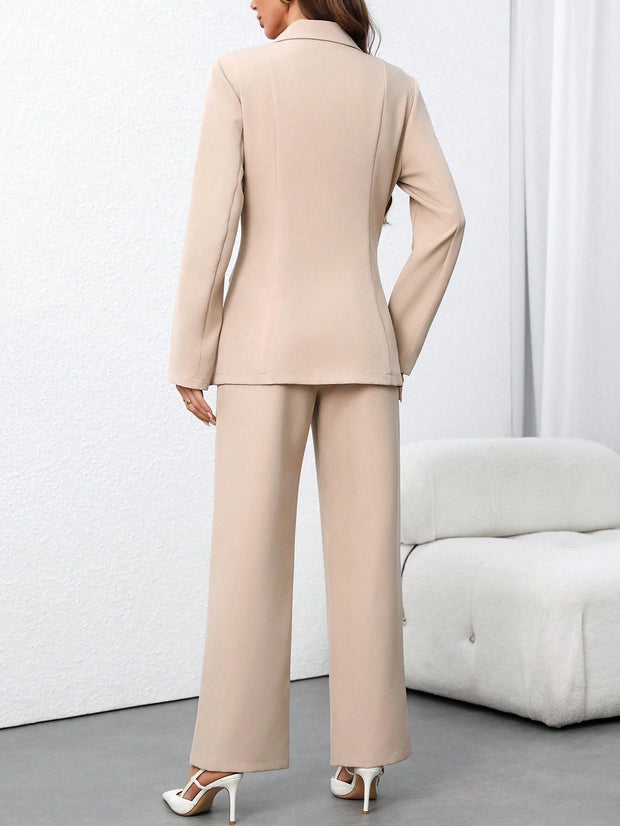 Calvaya Women's Solid Color Notched Collar Long Sleeve Casual Blazer Jacket And Pants Suit